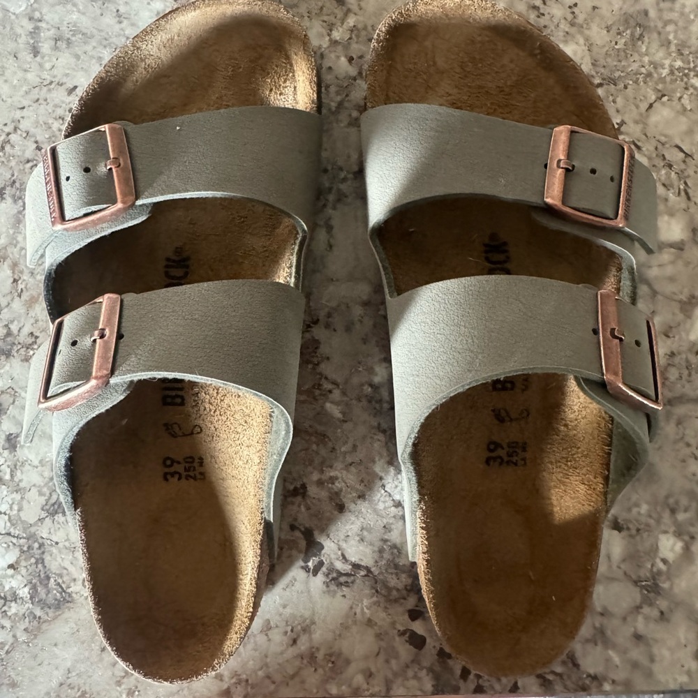 Birkenstock Sandals in Gray with Copper Buckles